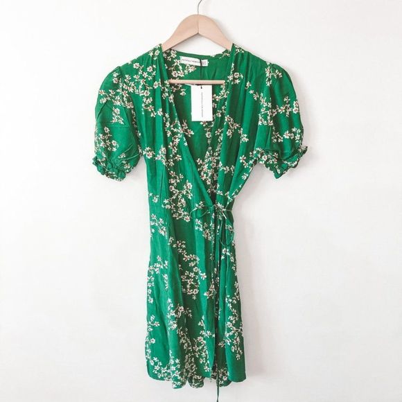 Adorable Faithfull The Brand Puff Sleeve Green Wrap Dress - Picture 2 of 8